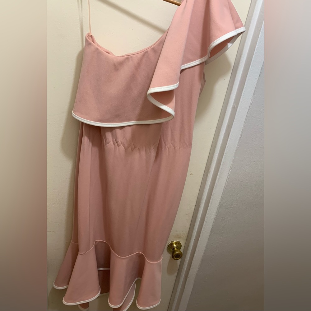 Never worn - Pink With White Trim Hi-Low One Shoulder Ruffle Trumpet Dress